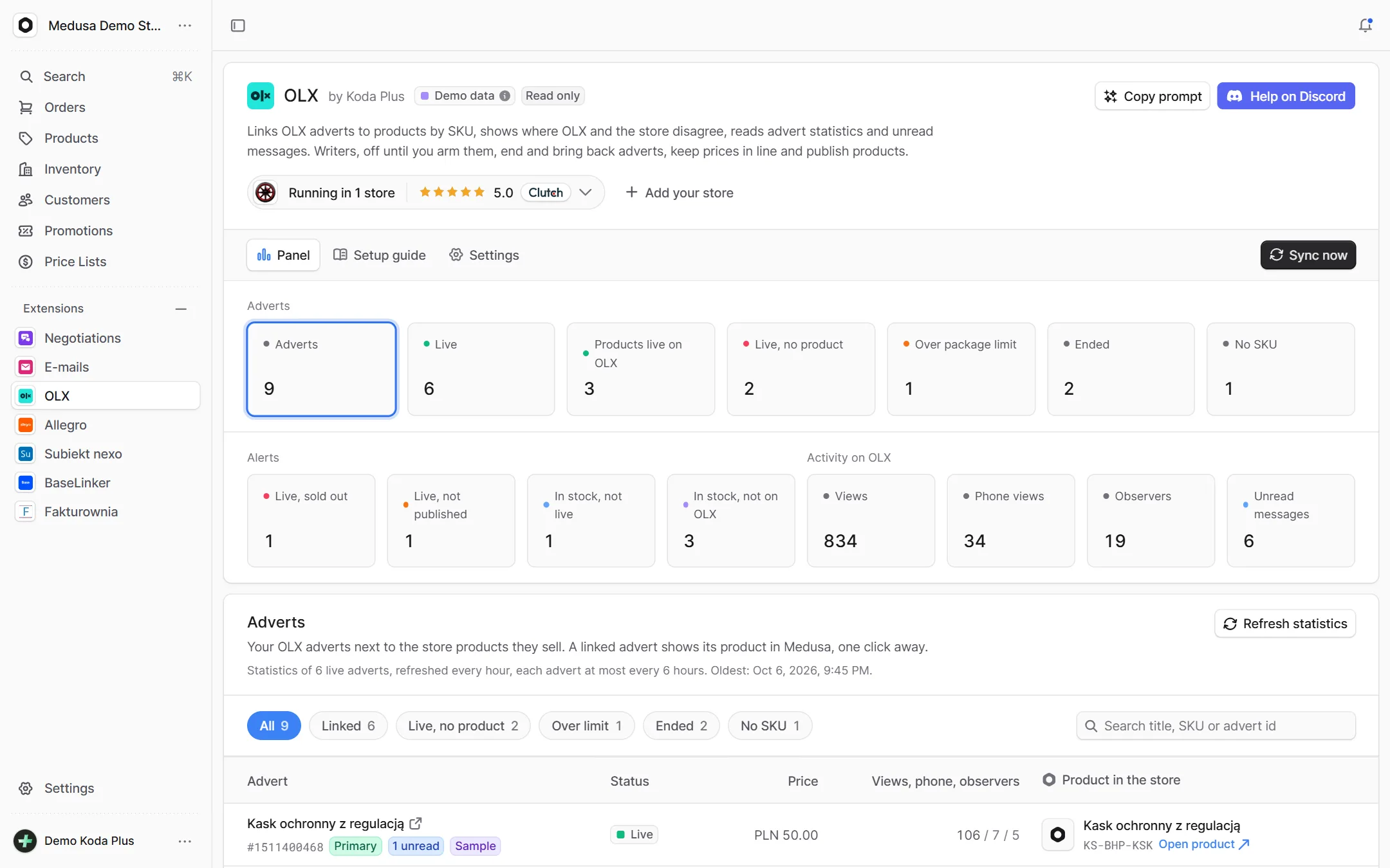 OLX: Strona integracji w panelu Medusy, tryb demo z danymi pokazowymi.