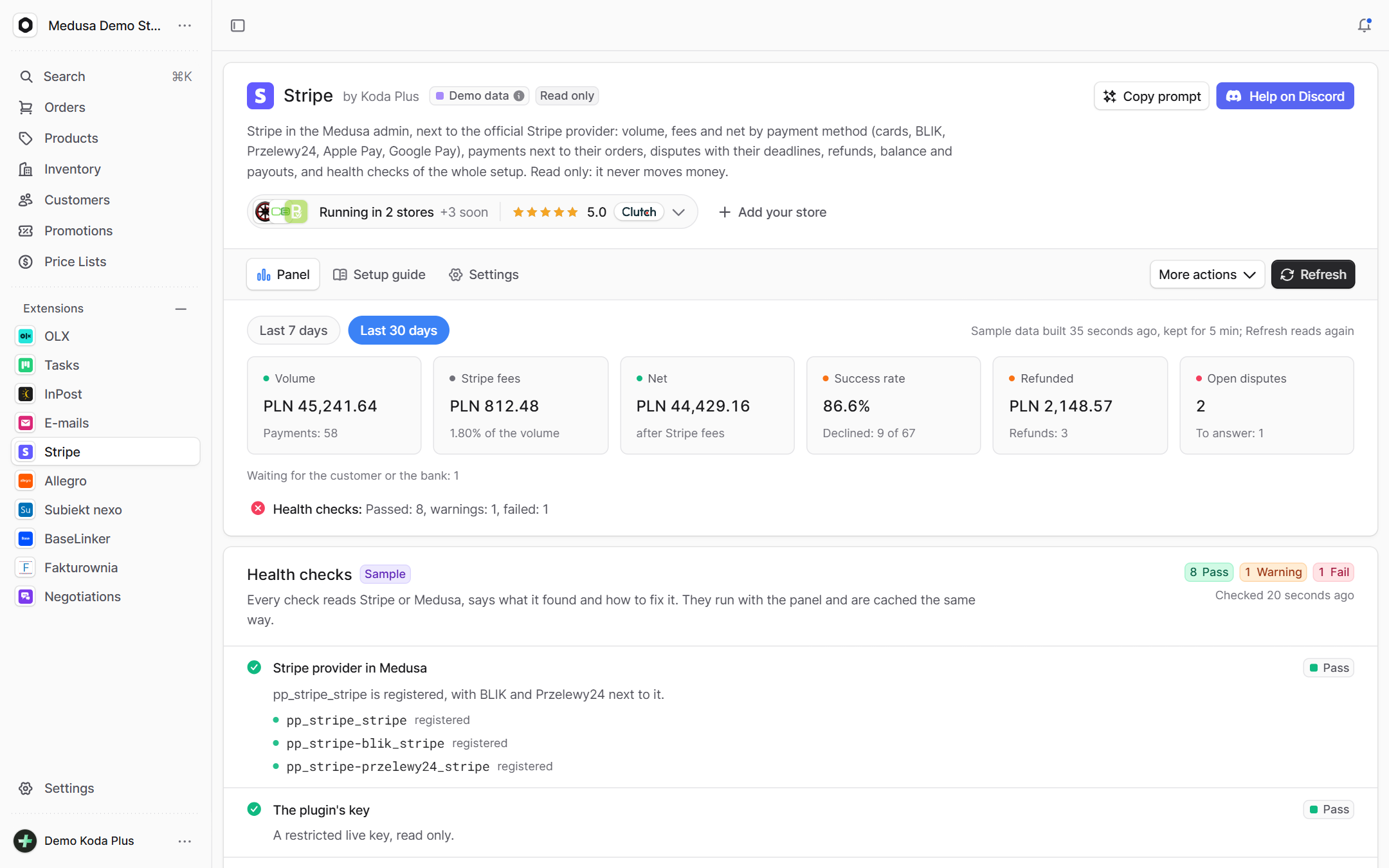Stripe: Strona integracji w panelu Medusy, tryb demo z danymi pokazowymi.