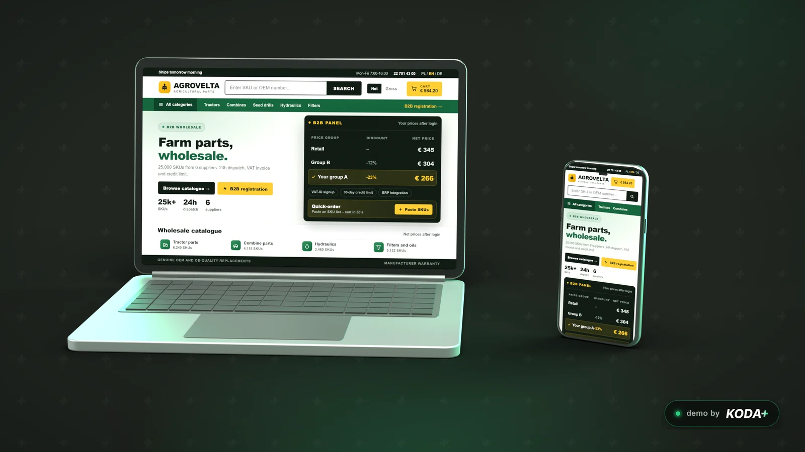 AGROVELTA wholesale portal (KODA concept) on a laptop and phone – B2B panel with group pricing and quick-order