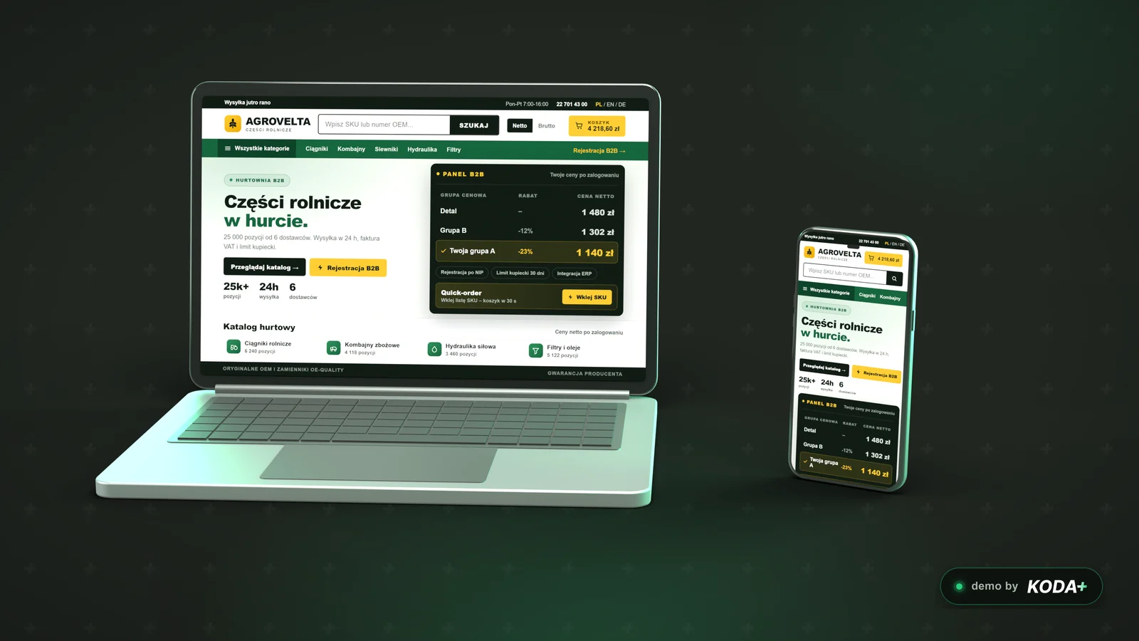 Portal hurtowy AGROVELTA (koncept KODA) na laptopie i telefonie – panel B2B z cenami per grupa i quick-orderem