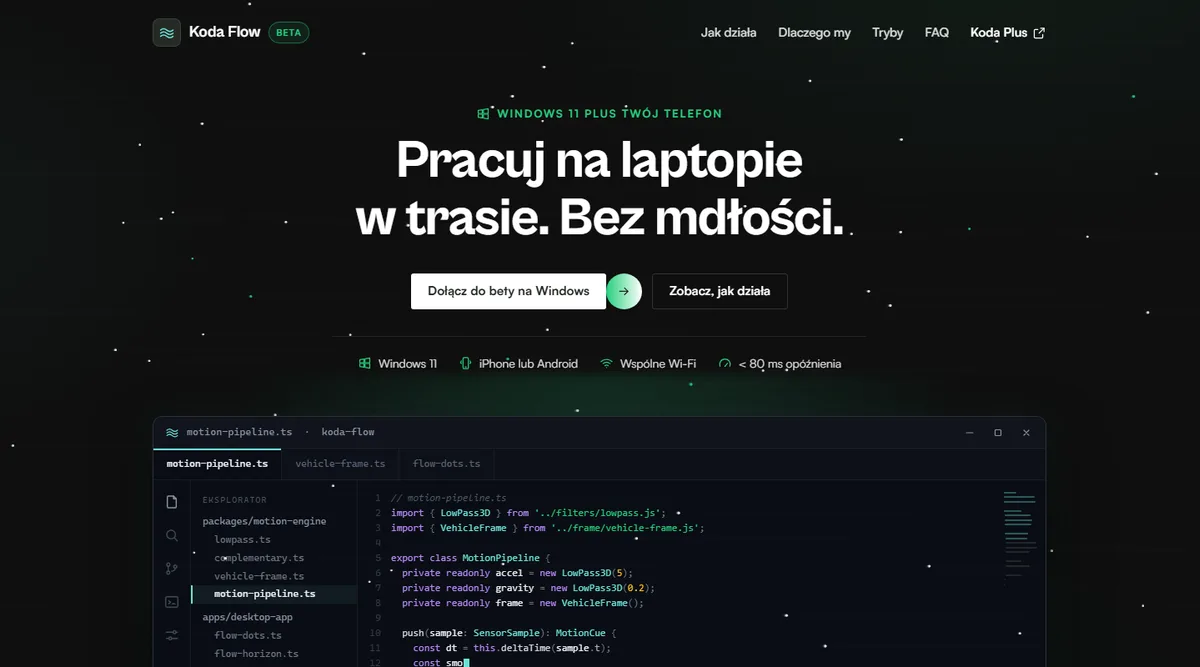 Strona produktu Koda Flow (flow.koda.plus) – widok desktop