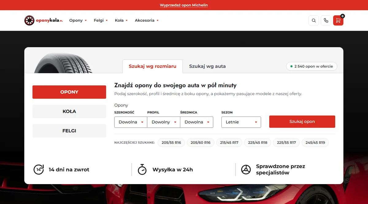 Strona główna oponykola.pl, widok desktop
